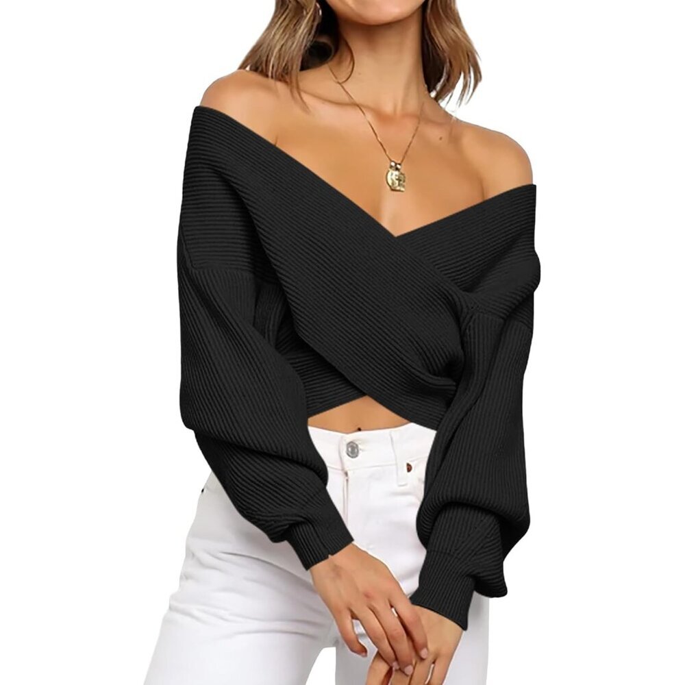 Women’s Off Shoulder Sweater Ribbed Knit V Neck Long Sleeve Cropped